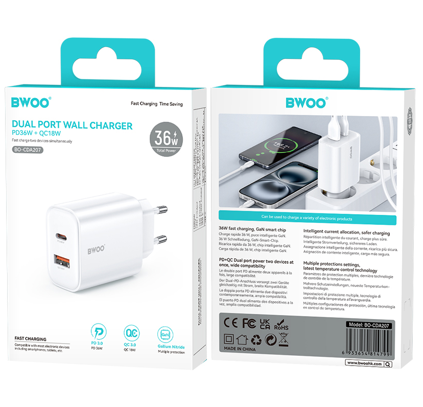 Nätverksladdare BWOO CDA207, 36W, 3A, 1 x USB-A - 1 x USB-C, Vit