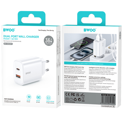Nätverksladdare BWOO CDA207, 36W, 3A, 1 x USB-A - 1 x USB-C, Vit