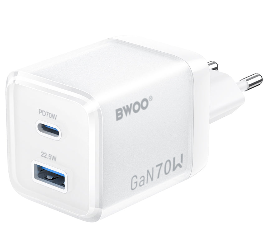 Nätverksladdare BWOO CDA224, 70W, 3.25A, 1 x USB-A - 1 x USB-C, Vit