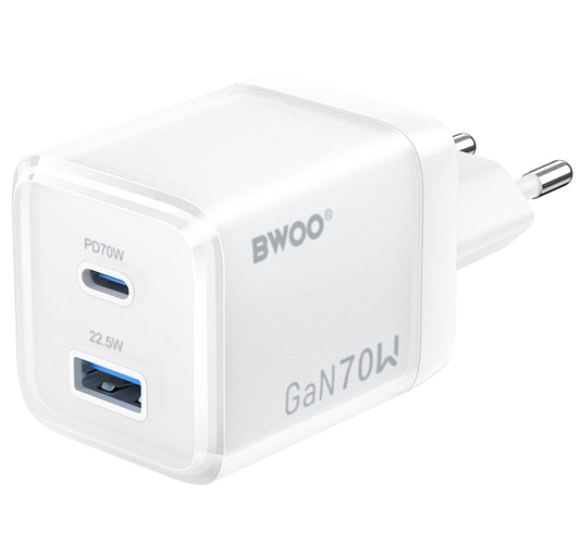 Nätverksladdare BWOO CDA224, 70W, 3.25A, 1 x USB-A - 1 x USB-C, Vit
