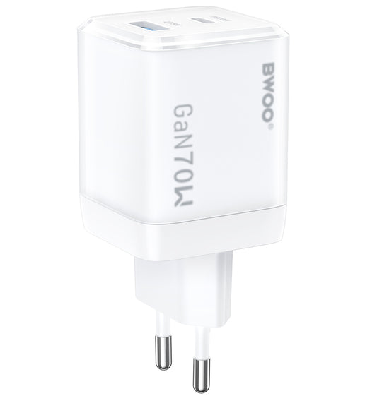Nätverksladdare BWOO CDA224, 70W, 3.25A, 1 x USB-A - 1 x USB-C, Vit