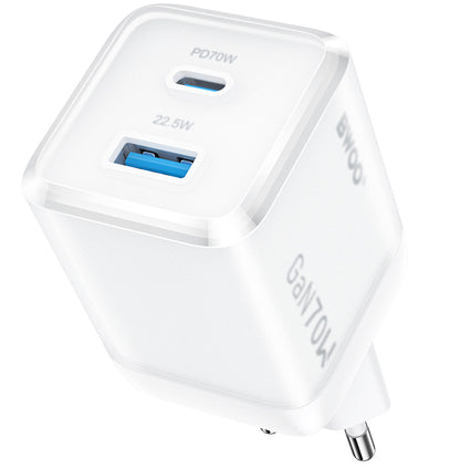 Nätverksladdare BWOO CDA224, 70W, 3.25A, 1 x USB-A - 1 x USB-C, Vit
