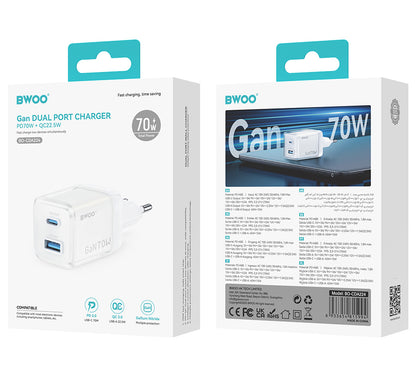 Nätverksladdare BWOO CDA224, 70W, 3.25A, 1 x USB-A - 1 x USB-C, Vit