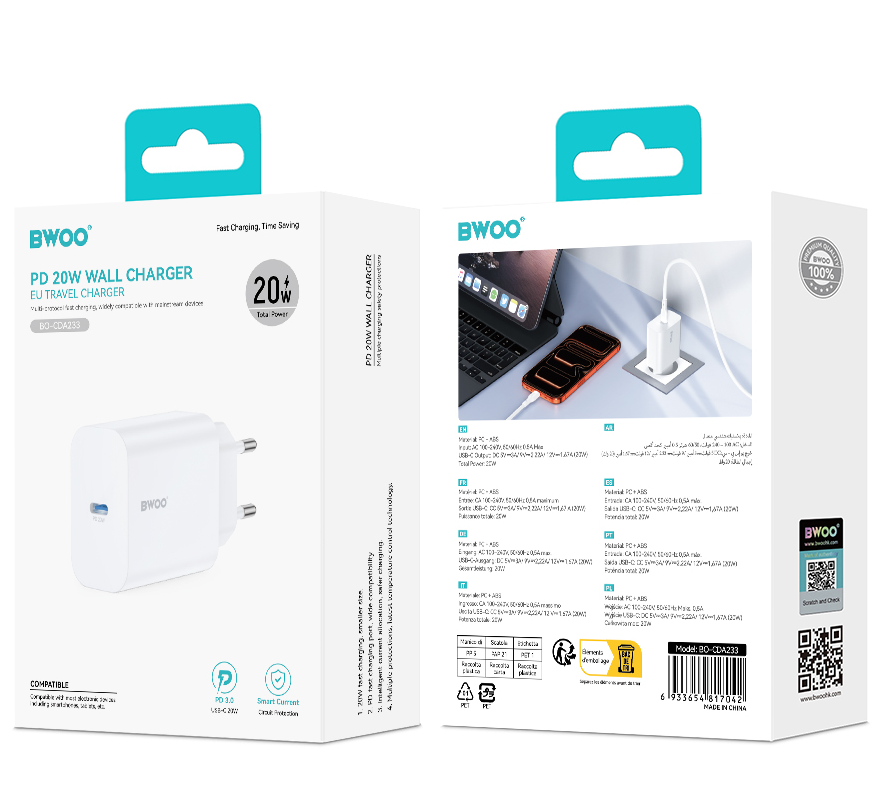 Nätverksladdare BWOO CDA233, 20W, 3A, 1 x USB-C, Vit