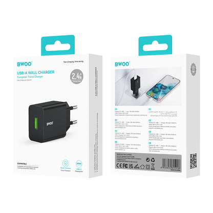 Nätverksladdare BWOO CDA249, 12W, 2.4A, 1 x USB-A, Svart