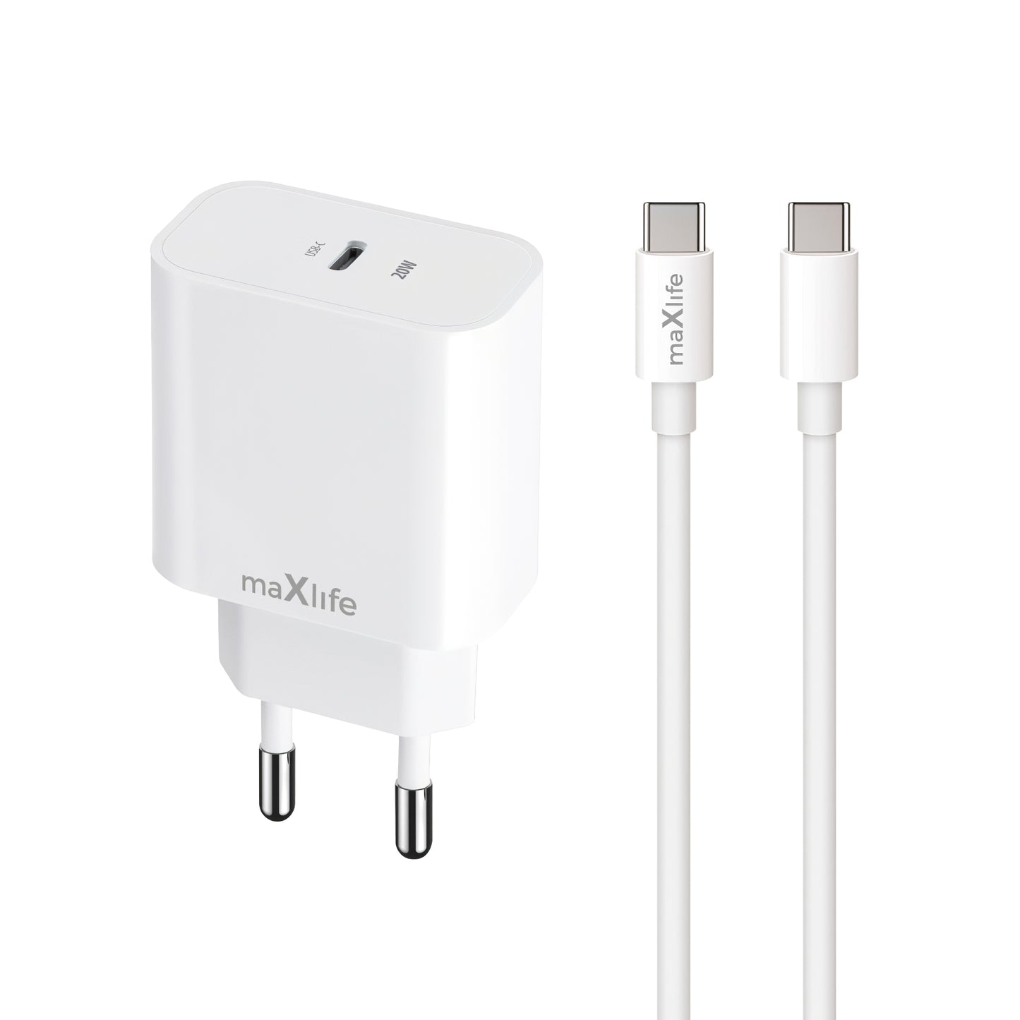 Nätadapter med USB-C-kabel MaXlife MXTC-06-20C, 20W, 3A, 1 x USB-C, Vit
