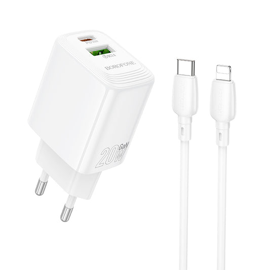 Nätverksladdare med Lightning-kabel Borofone BN27 Fuente, 20W, 3A, 1 x USB-A - 1 x USB-C, Vit