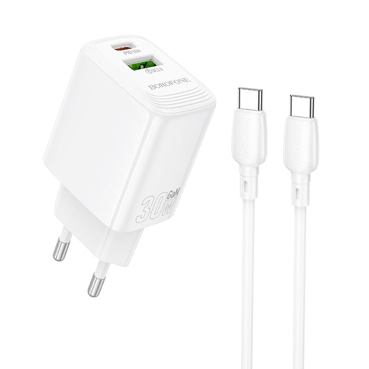 Nätverksladdare med USB-C-kabel Borofone BN29 Fuente, 30W, 3A, 1 x USB-A - 1 x USB-C, Vit