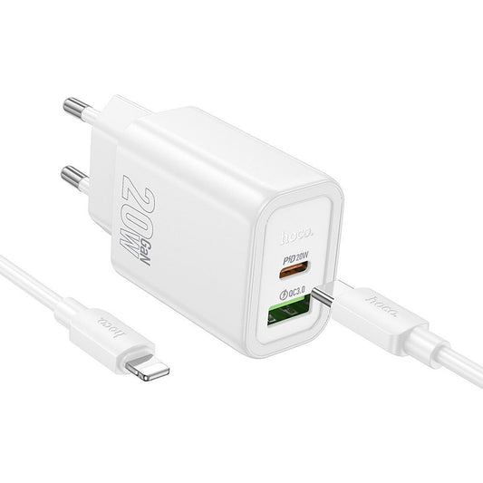 Nätverksladdare med Lightning-kabel HOCO N61, 20W, 3A, 1 x USB-A - 1 x USB-C, Vit