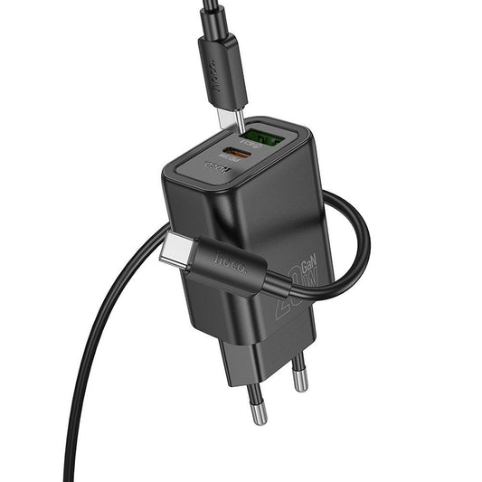 Nätverksladdare med Lightning-kabel HOCO N61, 20W, 3A, 1 x USB-A - 1 x USB-C, Svart