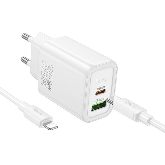 Nätverksladdare med Lightning-kabel HOCO N63, 30W, 3A, 1 x USB-A - 1 x USB-C, Vit