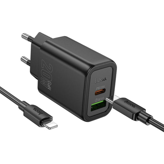 Nätverksladdare med USB-C-kabel HOCO N61, 20W, 3A, 1 x USB-A - 1 x USB-C, Svart