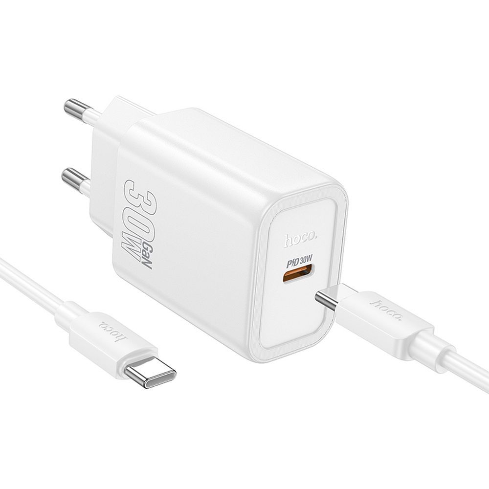 Nätverksladdare med USB-C-kabel HOCO N62, 30W, 3A, 1 x USB-C, Vit