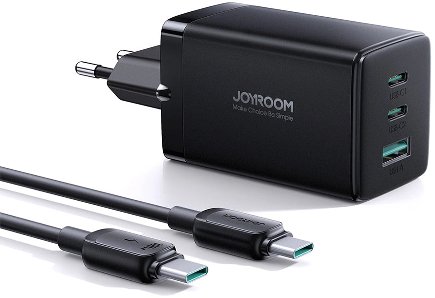 Nätverksladdare med USB-C-kabel Joyroom TCG01, 65W, 3.25A, 1 x USB-A - 2 x USB-C, Svart