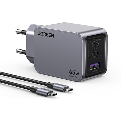UGREEN X755 Nexode Pro Network Charger with USB-C Cable, 65W, 3A, 1 x USB-A - 2 x USB-C, Gray
