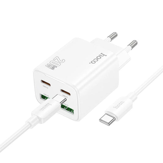 Nätverksladdare med USB-C-kabel HOCO N55, 20W, 3A, 2 x USB-A - 2 x USB-C, Vit