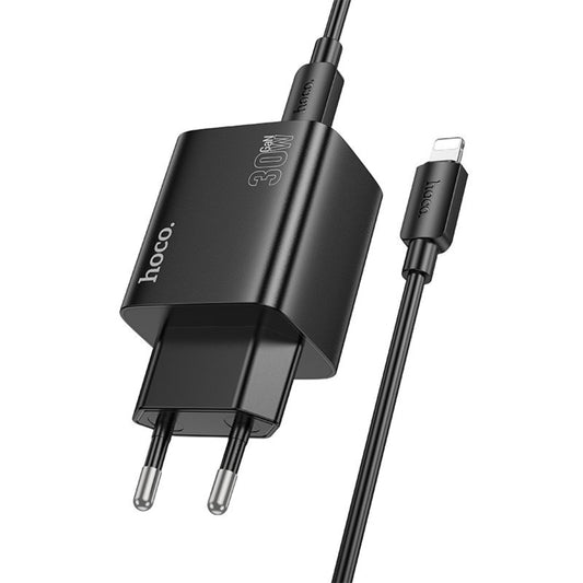 Nätverksladdare med Lightning-kabel HOCO N56, 30W, 3A, 2 x USB-A - 2 x USB-C, Svart