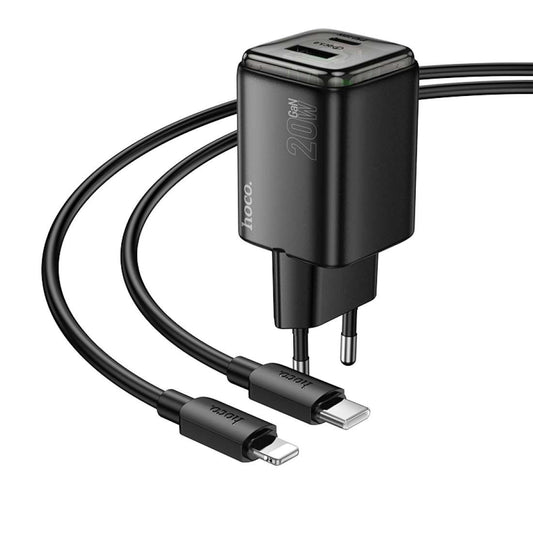 Nätverksladdare med Lightning-kabel HOCO N52, 20W, 3A, 1 x USB-A - 1 x USB-C, Svart