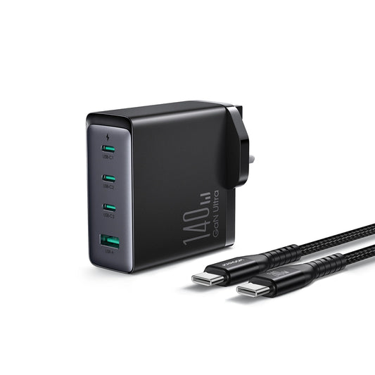 Nätverksladdare med USB-C-kabel Joyroom JR-TCG05UK, 140W, 5A, 1 x USB-A - 3 x USB-C, UK, Svart