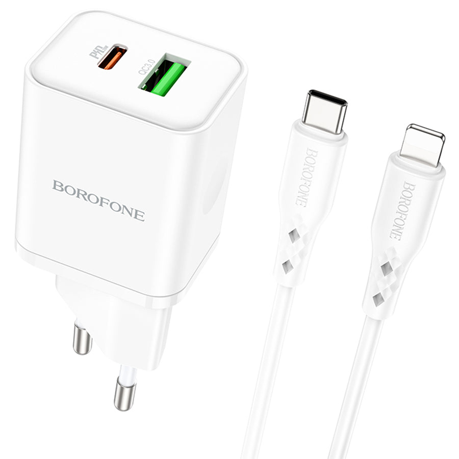 Network Charger with Lightning Cable Borofone BN7, 20W, 3A, 1 x USB-A - 1 x USB-C, White