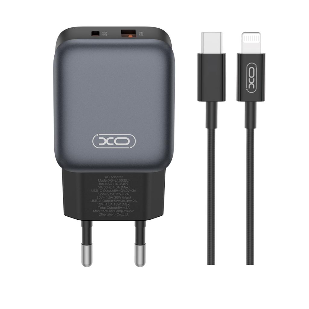 Nätverksladdare med Lightning-kabel XO Design L156, 30W, 3A, 1 x USB-A - 1 x USB-C, Svart