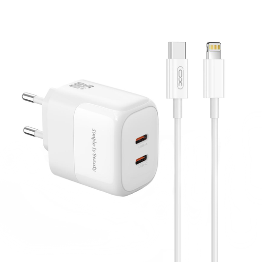 Nätverksladdare med Lightning-kabel XO Design L140, 35W, 3A, 2 x USB-C, Vit