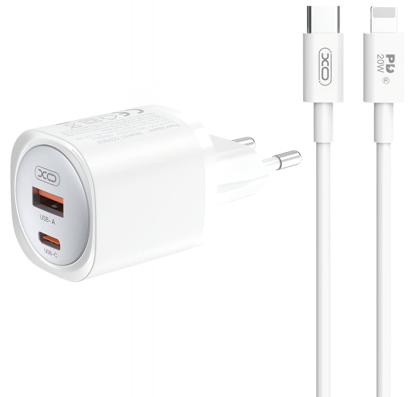 Nätverksladdare med Lightning-kabel XO Design CE21, 30W, 3A, 1 x USB-A - 1 x USB-C, Vit