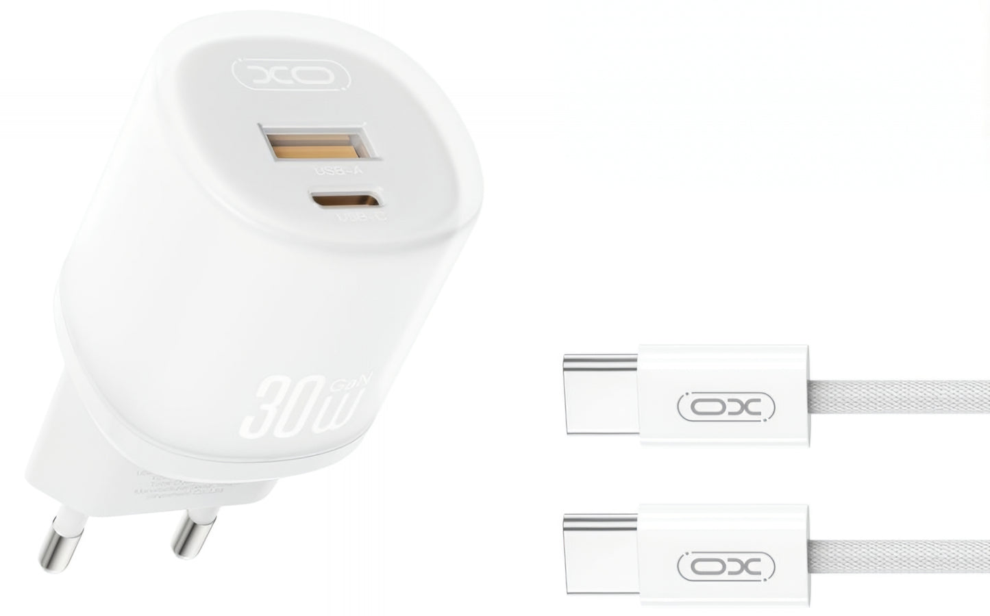 Nätverksladdare med USB-C-kabel XO Design L151, 30W, 3A, 1 x USB-A - 1 x USB-C, Vit