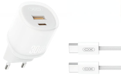 Nätverksladdare med USB-C-kabel XO Design L151, 30W, 3A, 1 x USB-A - 1 x USB-C, Vit