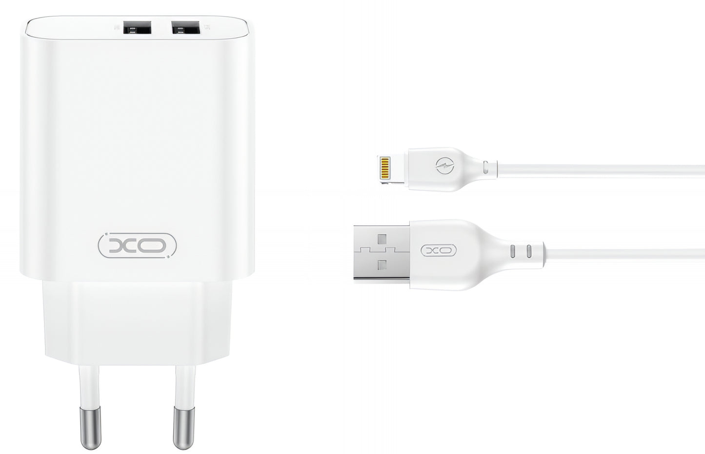 Nätverksladdare med Lightning-kabel XO Design CE34, 12W, 2.4A, 2 x USB-A, Vit