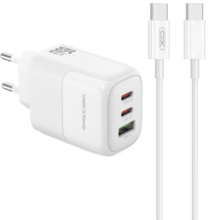 Nätverksladdare med USB-C-kabel XO Design L139, 65W, 4.5A, 1 x USB-A - 2 x USB-C, Vit