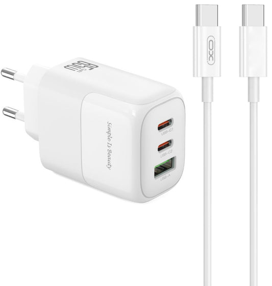 Nätverksladdare med USB-C-kabel XO Design L139, 65W, 4.5A, 1 x USB-A - 2 x USB-C, Vit