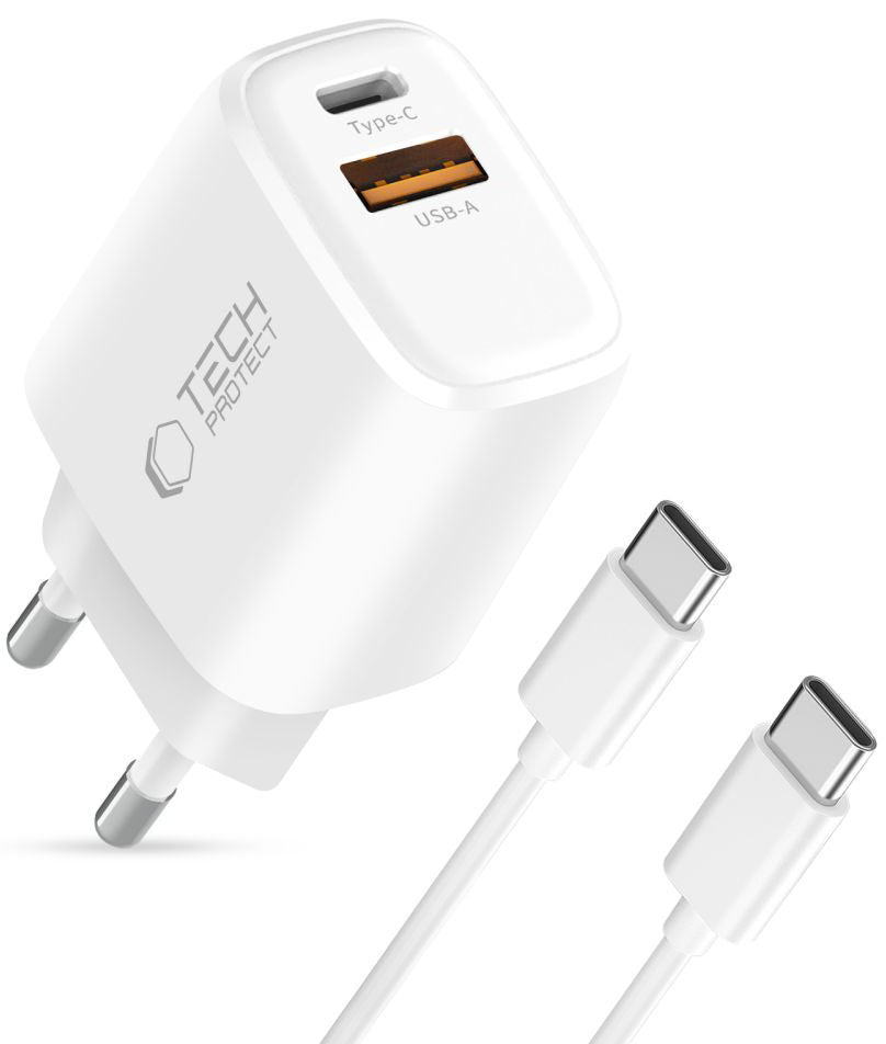 Nätverksladdare med USB-C-kabel Tech-Protect NCA45W, 45W, 3A, 1 x USB-A - 1 x USB-C, Vit