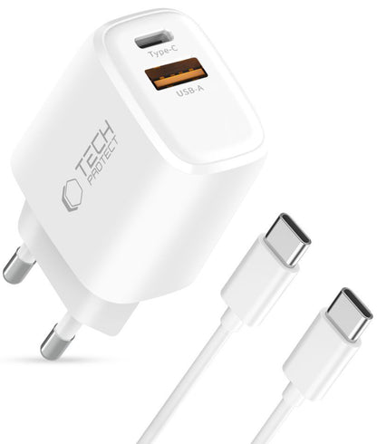 Nätverksladdare med USB-C-kabel Tech-Protect NCA45W, 45W, 3A, 1 x USB-A - 1 x USB-C, Vit
