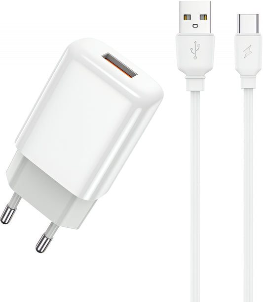 Nätverksladdare med USB-C-kabel Prestico F9S, 12W, 2.4A, 1 x USB-A, Vit