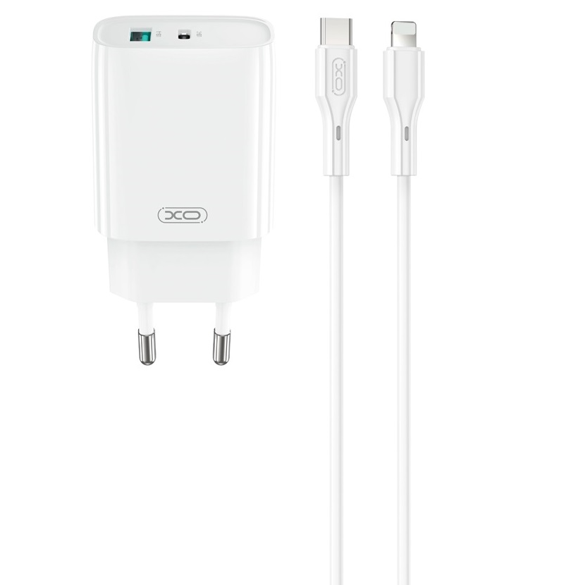 Nätverksladdare med Lightning-kabel XO Design CE30, 30W, 3A, 1 x USB-A - 1 x USB-C, Vit