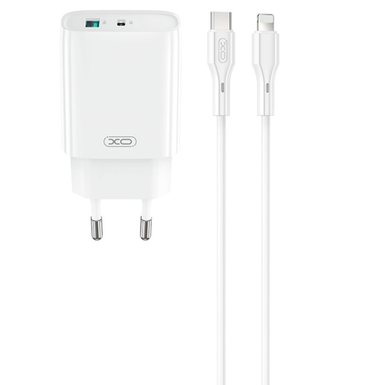 Nätverksladdare med Lightning-kabel XO Design CE30, 30W, 3A, 1 x USB-A - 1 x USB-C, Vit