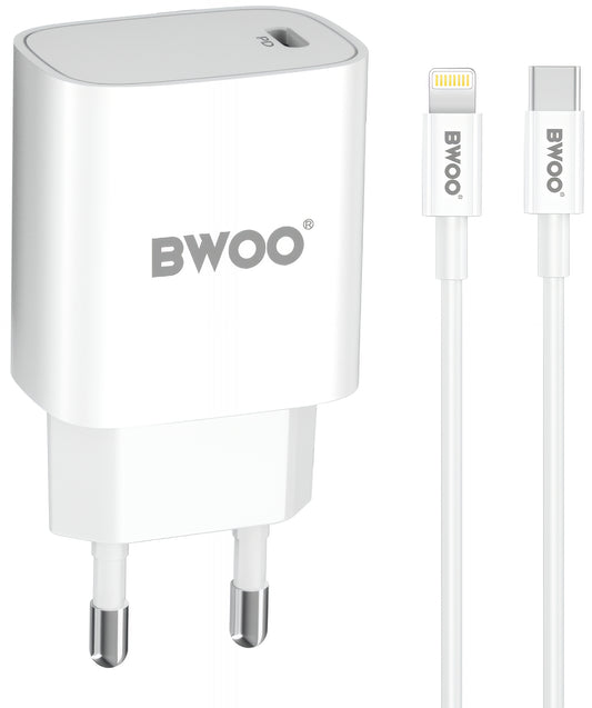 Nätverksladdare med Lightning-kabel BWOO CDA159, 20W, 3A, 1 x USB-C, Vit