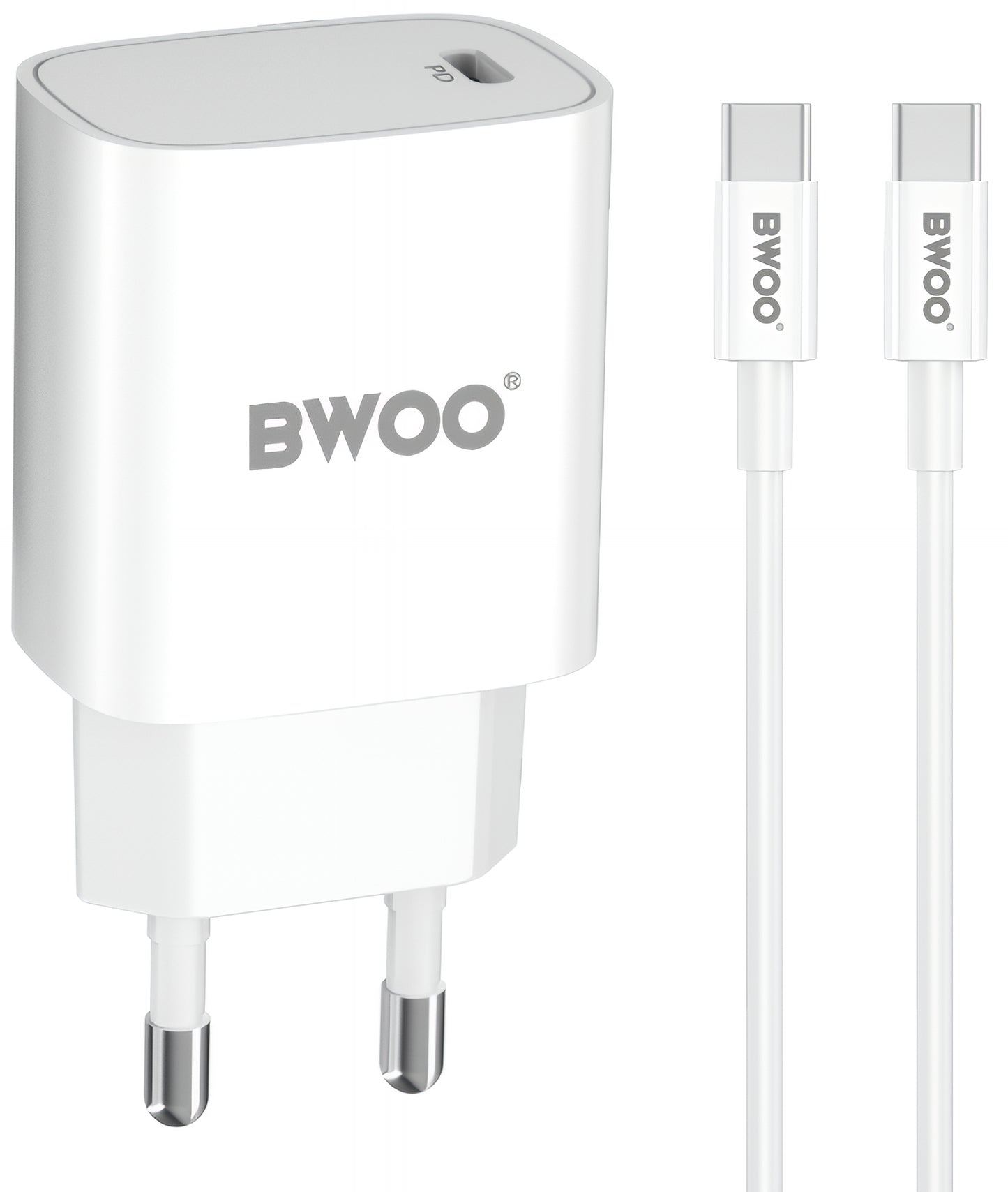 Nätverksladdare med USB-C-kabel BWOO CDA159, 20W, 3A, 1 x USB-C, Vit