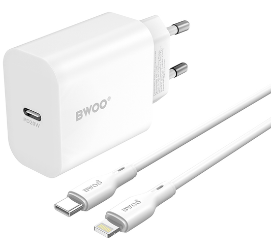Nätverksladdare med Lightning-kabel BWOO CDA233, 20W, 3A, 1 x USB-C, Vit