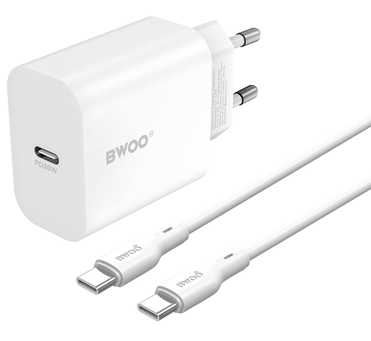 Nätverksladdare med USB-C-kabel BWOO CDA233, 20W, 3A, 1 x USB-C, Vit