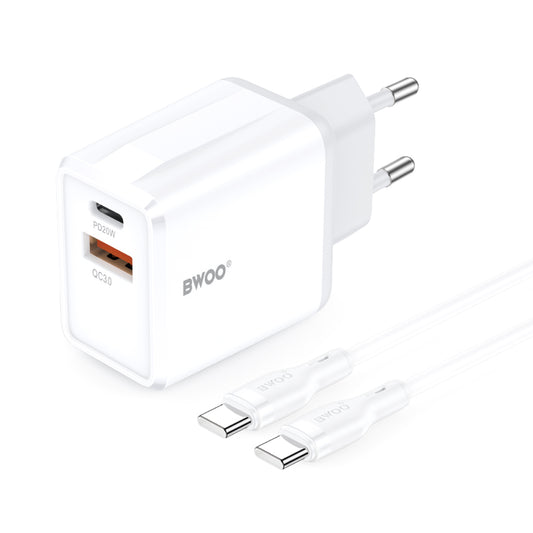 Nätverksladdare med USB-C-kabel BWOO CDA182, 38W, 3A, 1 x USB-A - 1 x USB-C, Vit