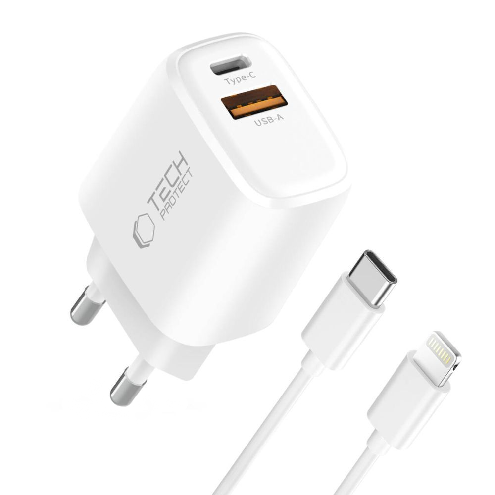 Nätadapter med Lightning-kabel Tech-Protect NCA20, 20W, 3A, 1 x USB-A - 1 x USB-C, Vit