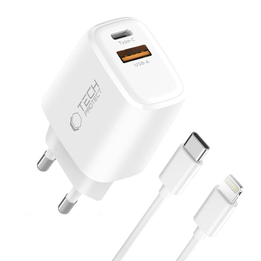 Nätadapter med Lightning-kabel Tech-Protect NCA20, 20W, 3A, 1 x USB-A - 1 x USB-C, Vit