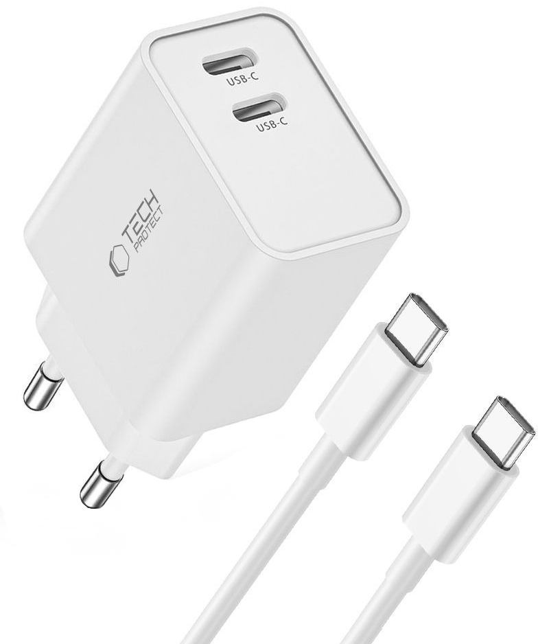 Nätadapter med USB-C-kabel Tech-Protect C35W, 35W, 3A, 2 x USB-C, Vit