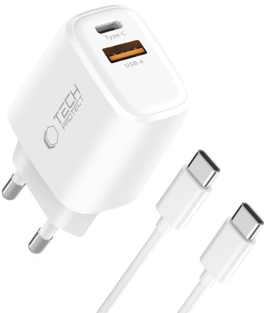 Nätadapter med USB-C-kabel Tech-Protect NCA20, 20W, 3A, 1 x USB-A - 1 x USB-C, Vit