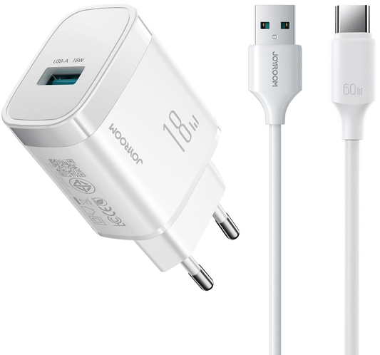 Nätadapter med USB-C-kabel Joyroom JR-TF4, 18W, 3A, 1 x USB-A, Vit