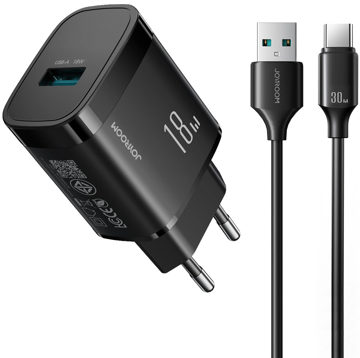 Nätadapter med USB-C-kabel Joyroom JR-TF4, 18W, 3A, 1 x USB-A, Svart
