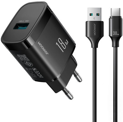 Nätadapter med USB-C-kabel Joyroom JR-TF4, 18W, 3A, 1 x USB-A, Svart