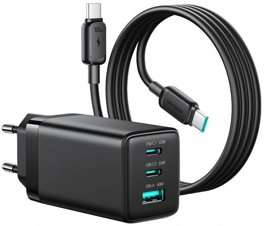 Nätadapter med USB-C-kabel Joyroom JR-TG10, 65W, 3,25A, 1 x USB-A - 2 x USB-C, Svart